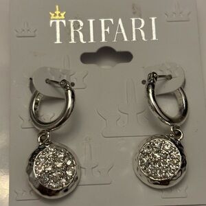 Trifari Silver Crystal Drop Hoop Earrings (NWT)